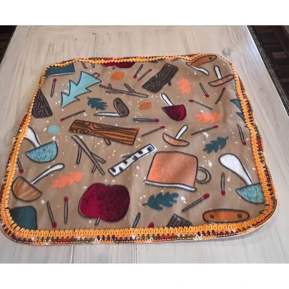 Tan‎ Camping Nature Print Fleece Baby Blanket Crochet Trim Mushrooms 29x26